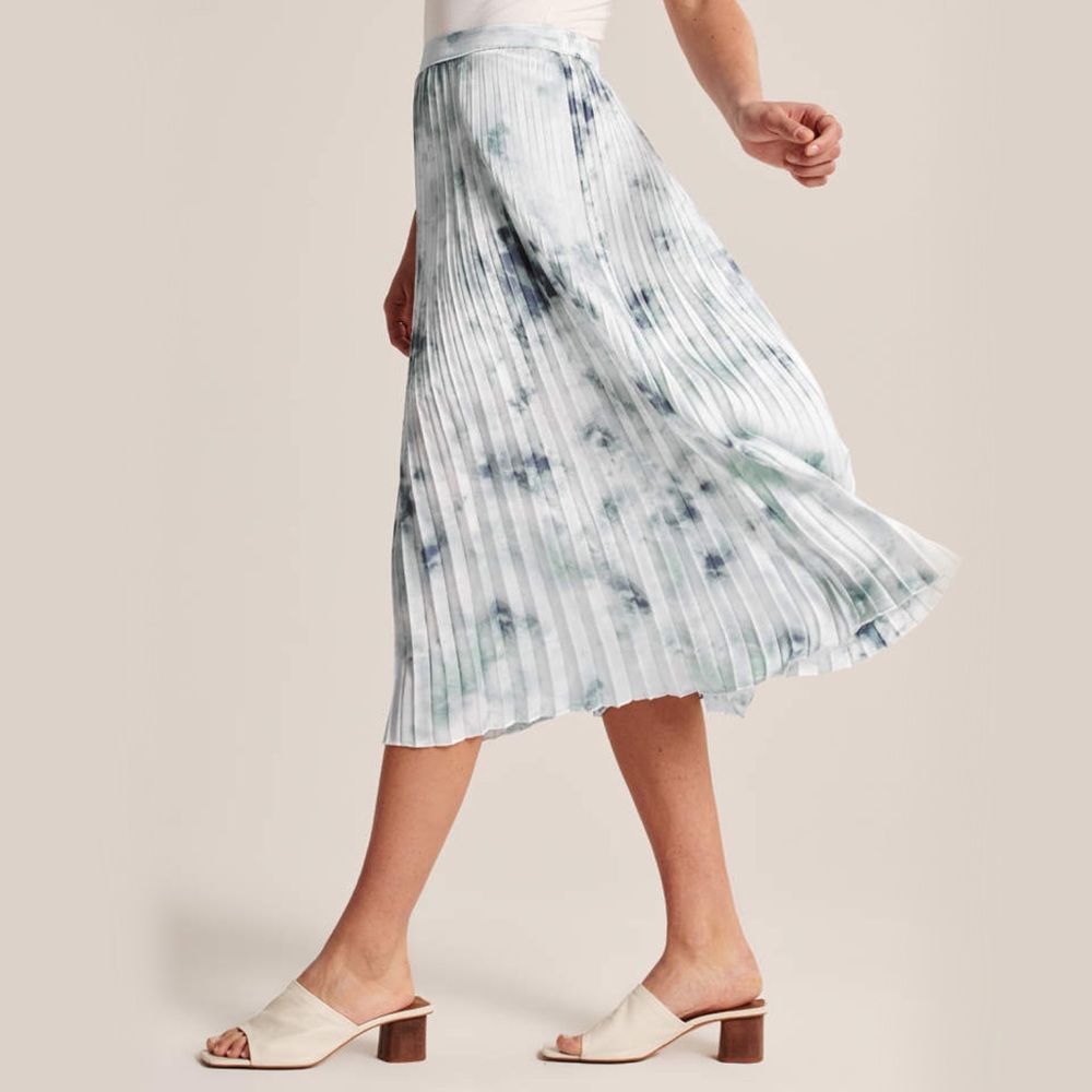 Pleated Satin Tie Dye Midi Skirt